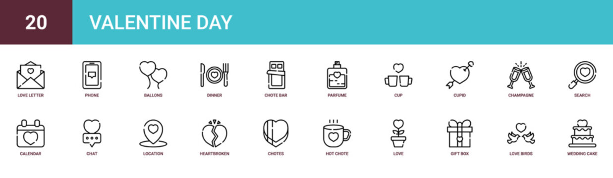 Set of 20 outline web Valentine Day icons such as wedding cake, love birds, gift box, love, hot chote, Chotes, heartbroken vector icons for report, presentation, diagram, web design, mobile app
