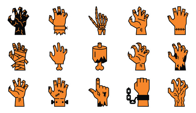 Set of various hand gestures and monster claws for halloween decoration and spooky party design elements isolated on white