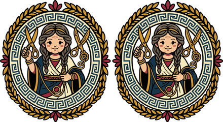 Obraz premium Cartoon Greek Goddess with Scissors in Laurel Wreath