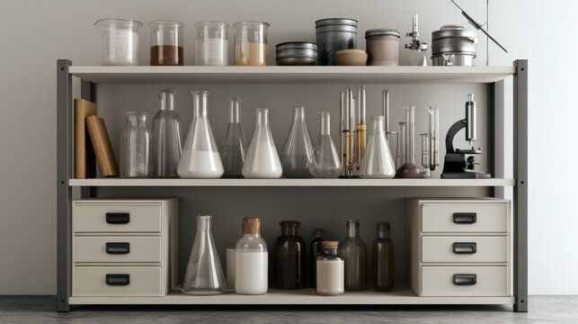 Laboratory shelf with scientific glassware bottles microscope and laboratory supplies organized in a modern research environment