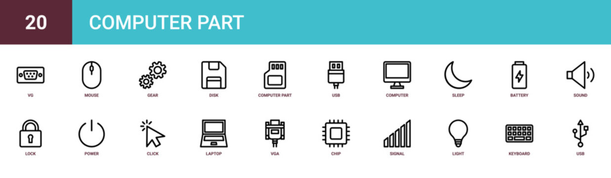Set of 20 outline web Computer Part icons such as usb, keyboard, light, signal from computer part collection. Thin such as communication, technology. for use on web and mobile apps, logo, print