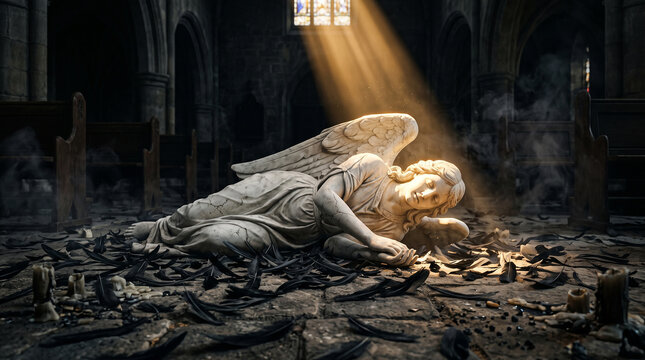 Fallen Marble Angel Statue in Church