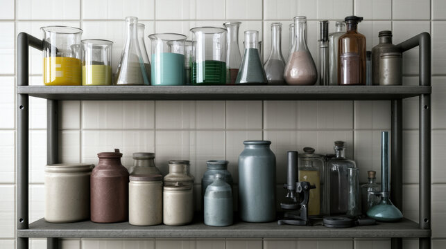 Laboratory shelf with glassware chemical containers and scientific equipment neatly arranged in a clean research workspace