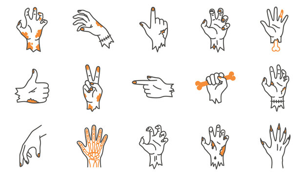 Set of hand drawn sketches featuring various scary monster hands for halloween themed graphic design and spooky projects