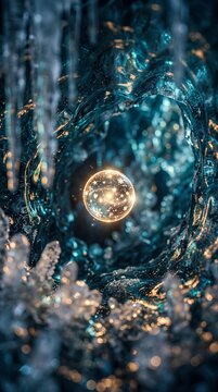 深く青い氷の結晶洞窟の中で黄金色に眩しく輝く魔法のような水晶玉。氷の質感と温かい光の対比が神秘的でファンタジーな世界観を表現する、縦型（9:16）の冬・クリスマス向け背景素材。
