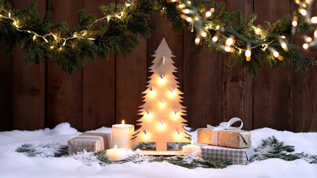 Festive Christmas scene with illuminated tree and wrapped gifts in snow