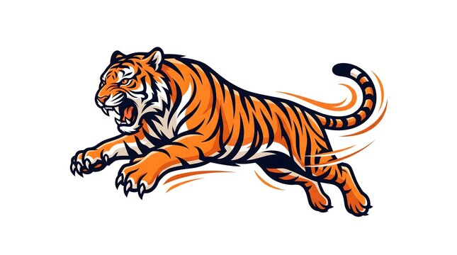 Dynamic vector illustration of a fierce tiger pouncing forward with a roaring expression, featuring bold orange and black stripes