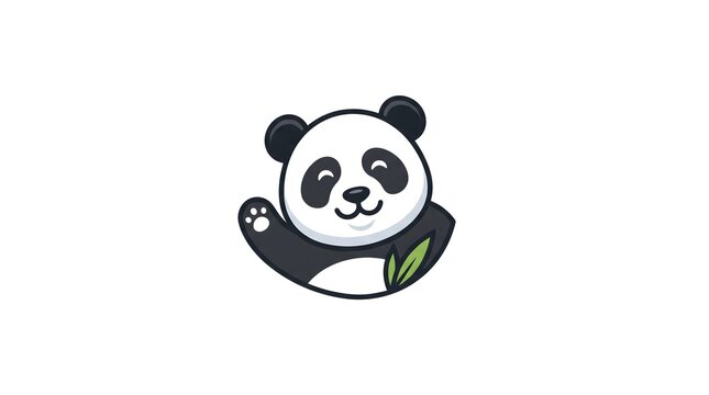 A cute and cheerful cartoon panda smiling and waving its hand with green bamboo leaves, designed as a minimalist vector illustration icon isolated on a white background