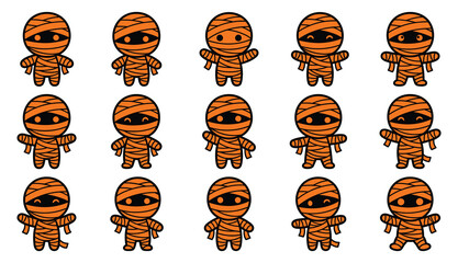 A collection of cute cartoon mummy characters for halloween celebration designs featuring various poses and expressive hand drawn styles