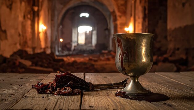Gothic chalice with blood and severed hand on wooden table in ancient ruins with torchlight