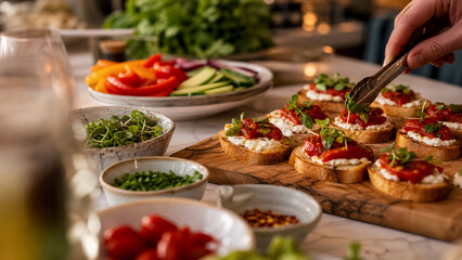 Obraz premium Close Up Crostini Appetizer Preparation For A Home Party