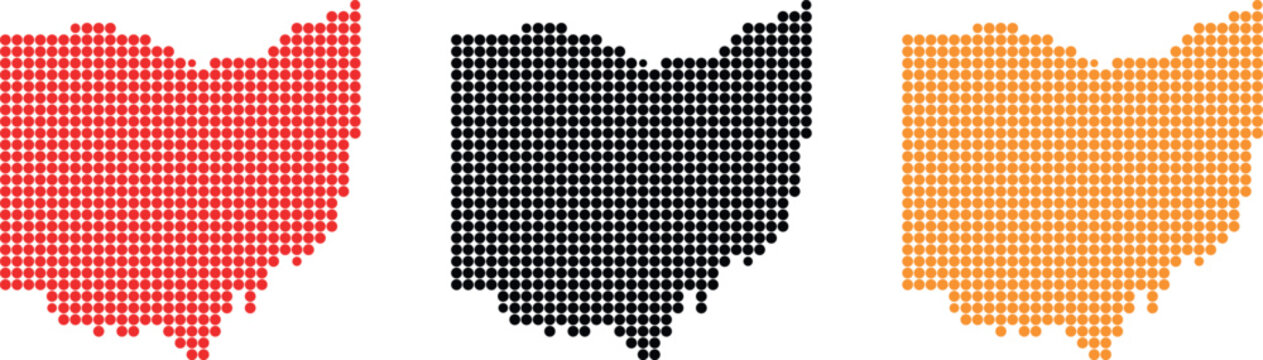 Set of three ohio state maps designed with a modern square grid pattern in red black and orange