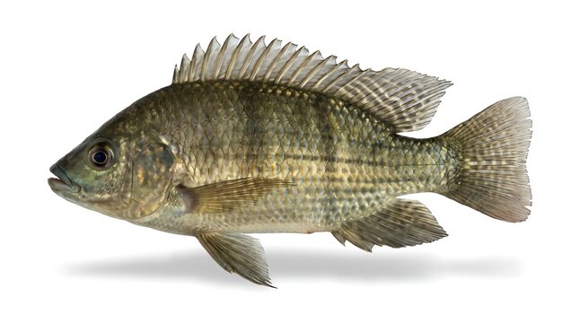 A side view of a tilapia fish isolated on a white background.