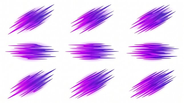 Purple speed lines set on white background, abstract motion blur effect elements, dynamic fast movement graphic strokes for sports and action design