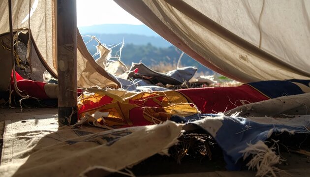 Inside a tattered, worn-out canvas tent with colorful blankets, overlooking a dry, hilly landscape