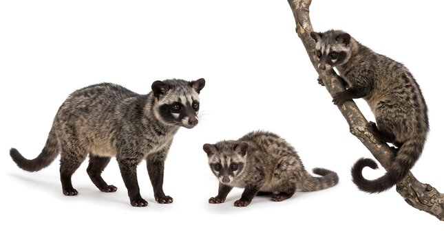 Three Asian palm civets in various poses on white background.