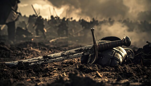 Medieval Battle Scene: Rusty Sword and Armor on the Ground with Blurred Soldiers Fighting in the Background