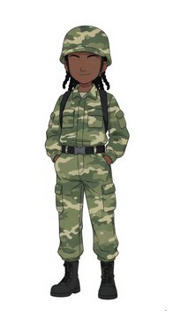 Confident young girl soldier in camouflage uniform with simple expression standing hands in pockets isolated on white