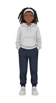 Young girl athlete standing with hands in pockets, simple facial expression, casual sportswear, confident pose
