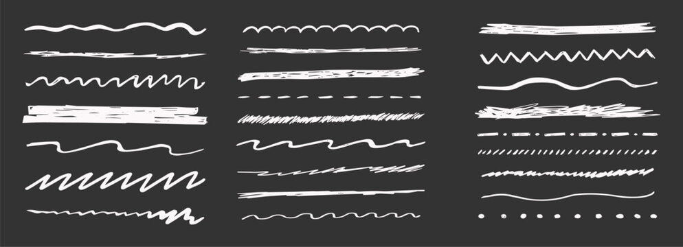 Underline crayon, chalk texture doodles highlight strokes on blackboard. Scribble collection. Scrawl separator line divider hand drawn squiggle border set. Straight, wavy and zigzag underlines