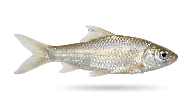 A single silver fish isolated on a white background.