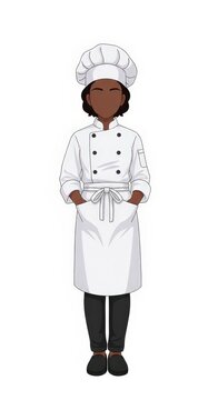 Young girl chef de cuisine standing with hands in pockets wearing white uniform and chef hat, simple facial expression