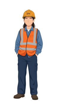 Young female construction worker in safety vest and hard hat, standing with hands in pockets, simple facial expression