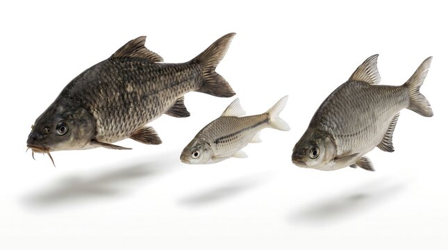 Three different species of freshwater fish isolated on white background.