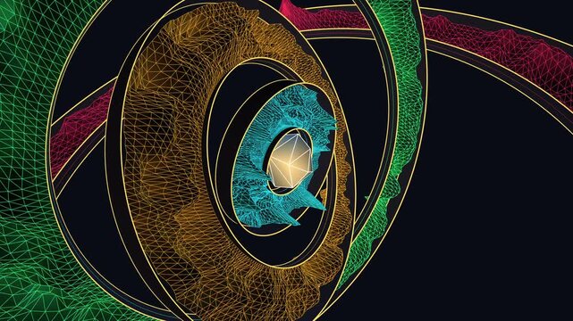 A rotating celestial astrolabe featuring glowing topographical rings orbiting a bright core, perfect for an immersive sci-fi event visual or presentation backdrop.