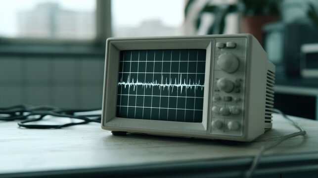 Modern oscilloscope displaying waveform signal on screen in laboratory daylight closeup photography