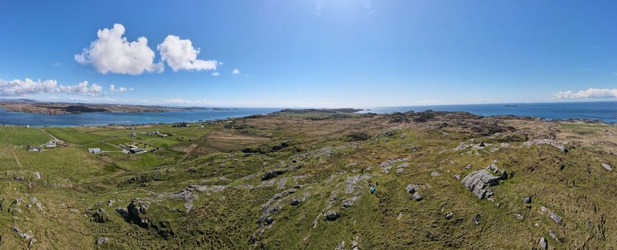 Isle of Iona looking South over the Rocky Knolls, Sound of Iona and Fionnphort on the Left, Scotland - Wide Panorama
