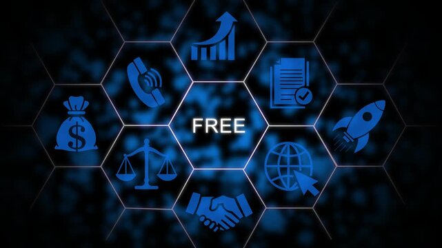 Digital business strategy concept with hexagonal and free text overlay, animated corporate network background, for marketing and presentations
