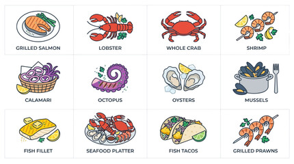 Colorful Illustrated Seafood and Fish Collection. © samuel