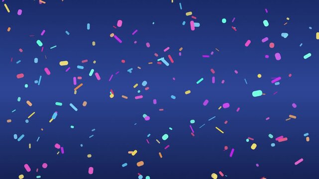 Colorful confetti scattered across dark blue background. Festive, vibrant dots and dashes create celebratory mood.