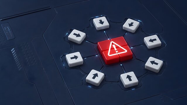 3D Futuristic Interface with White Arrows Pointing to Central Glowing Red Warning Sign