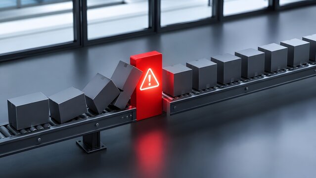 Supply chain disruption and industrial logistics failure concept showing a glowing red warning block causing cardboard boxes to fall off a broken factory conveyor belt.