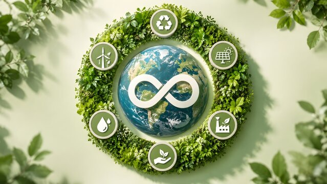 Circular economy and environmental conservation concept featuring planet earth with an infinity symbol surrounded by a ring of green leaves and sustainable industry icons.