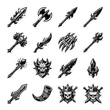Fantasy RPG weapon and warrior silhouette collection.
