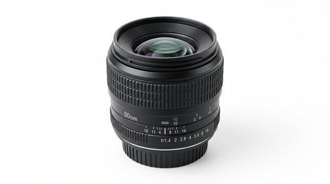 Professional 50mm prime camera lens, black digital photography optic on white background, high quality dslr camera equipment for portraiture