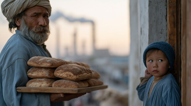 Child watches wide eyed from ground level as a bread baker carries a full tray through a bustling urban backdrop near an oil refinery pipe complex steam venting above while the