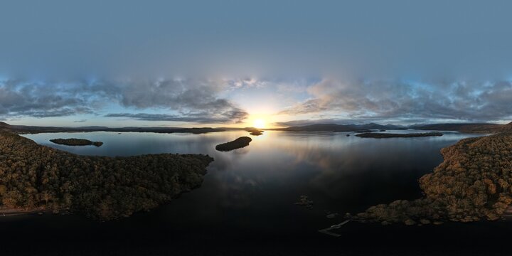 Inchcailloch Beach towards Inchmurrin, Loch Lomond, Scotland - 360 Degree Equirectangular Panorama