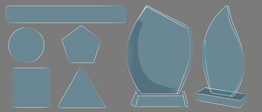 Assorted glass shapes on a gray background including rectangles circles and triangles glassware geometric rectangle circle pentagon triangle trapezoid drop shape teal color solid flat