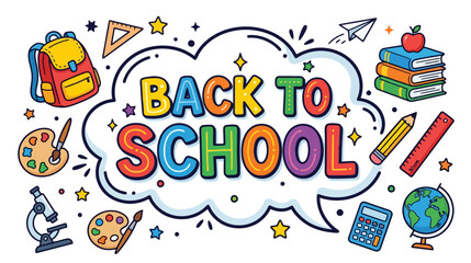 Obraz premium Colorful Back to School Supplies and Text in Speech Bubble