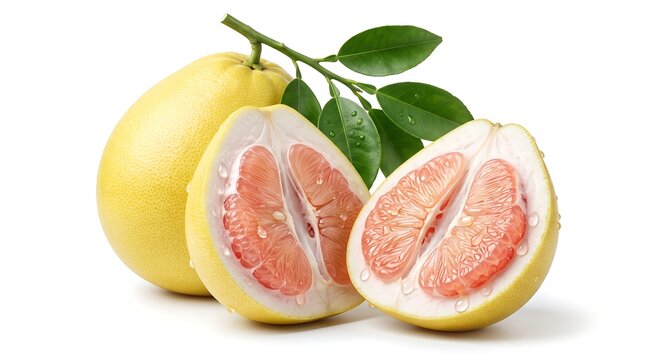 Fresh pomelo fruit with green leaves isolated on a white background.