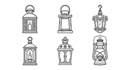 Minimal Winter Lantern Line Icon Set – Black and White Vector Collection © Lovely