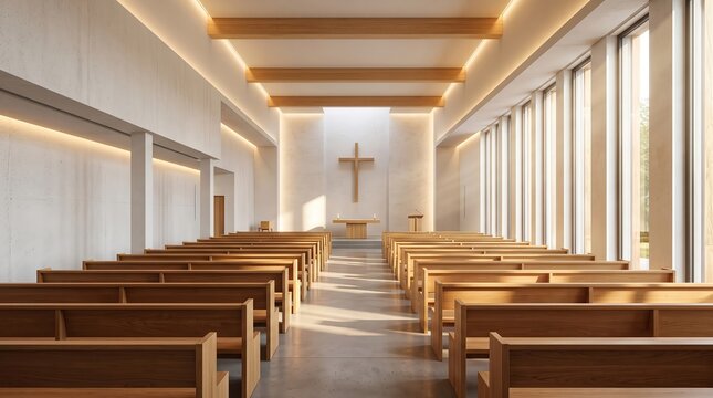 Modern Minimalist Church Interior with Wooden Pews and Simple Cross