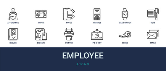 Naklejka premium Set of 12 outline web Employee icons such as mails, shoes, pie chart, printer, big data, resume, note vector icons for report, presentation, diagram, web design, mobile app