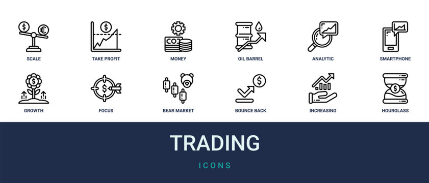 Set of 12 outline web Trading icons such as hourglass, increasing, bounce back, bear market, focus, growth, smartphone vector icons for report, presentation, diagram, web design, mobile app