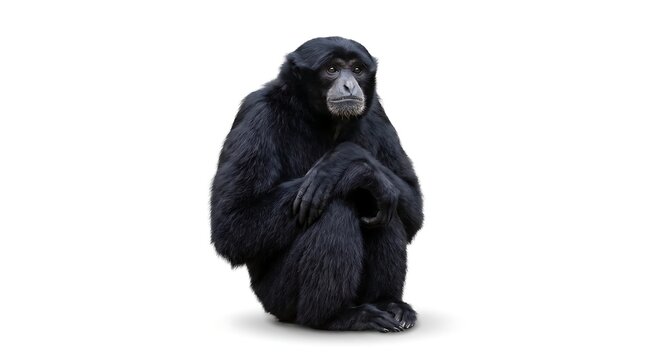 A black siamang gibbon sitting isolated on a white background.