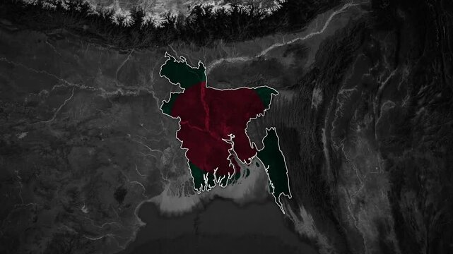Topographical map of South Asia zooming into the highlighted borders and national flag of Bangladesh